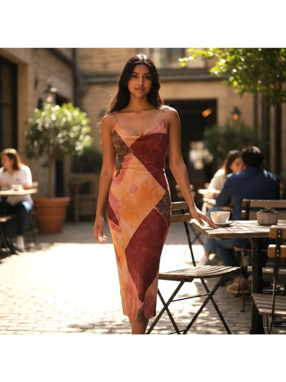 Slip Midi Dress in Rust & Peach Abstract Print